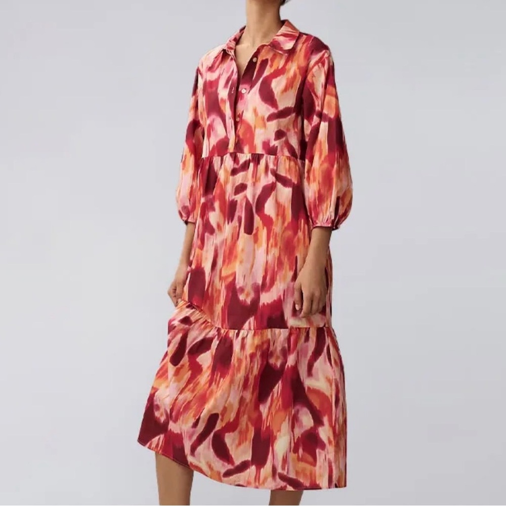 Anthropologie Maeve Bettina Multicolor Honey Red Tiered Midi Shirt Dress M